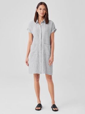 Eileen Fisher Crinkled Organic Linen Stripe Shirtdress